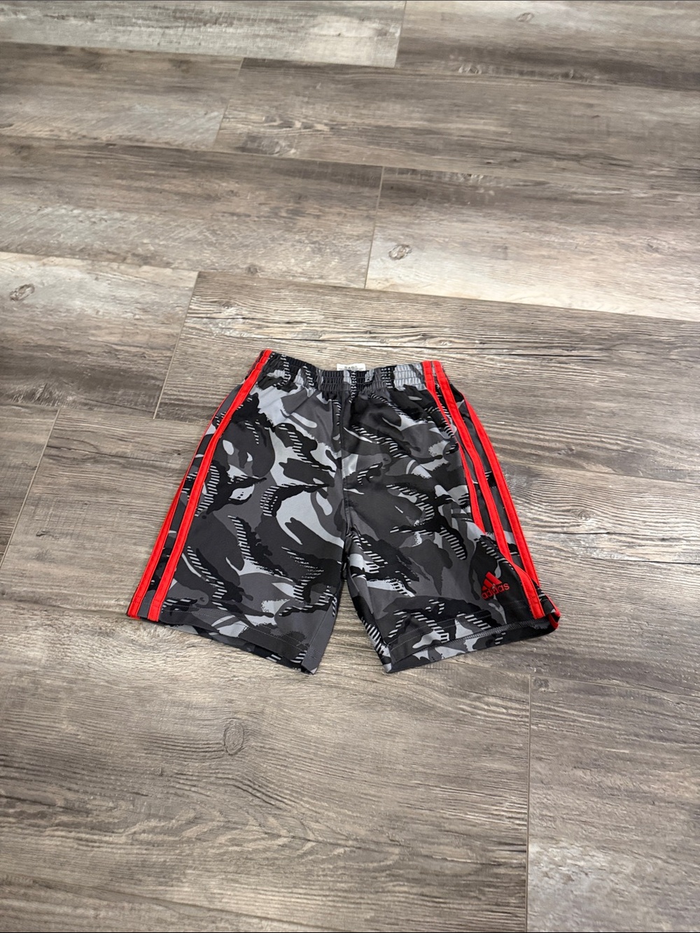 adidas Black & Gray Camo Kids Shorts with Red Stripes